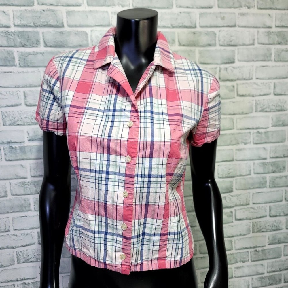Vintage Y2K Esprit JRS M Pink Plaid Cotton S/S Button Front Shirt Preppy